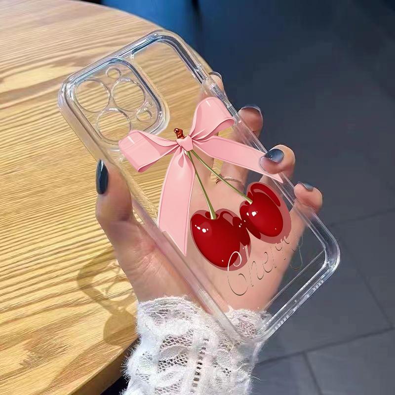 Lovely Bow-Tie Cherry Phone Case for iPhone 17 Air 16 15 14 13 12 11 Pro Max Plus Mini X 8 7 Transparent Cover Fundas Accessory
