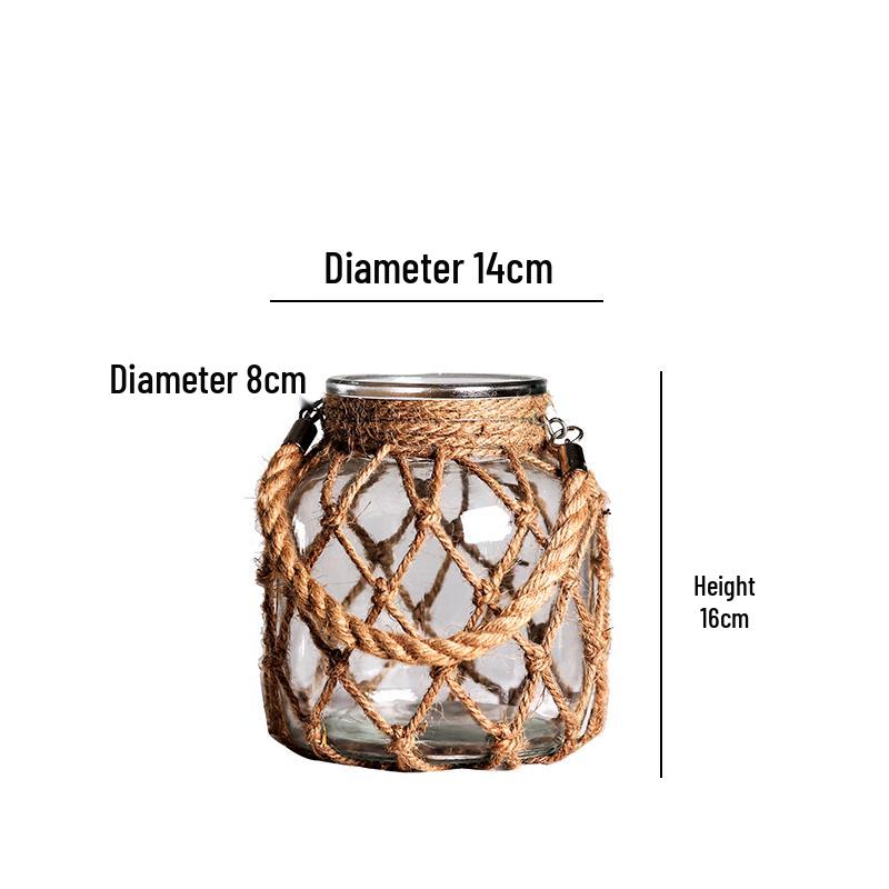 Retro Dried Flower Arrangement Glass Vase with Hemp Rope – Transparent Desktop Ornament for Home Decor