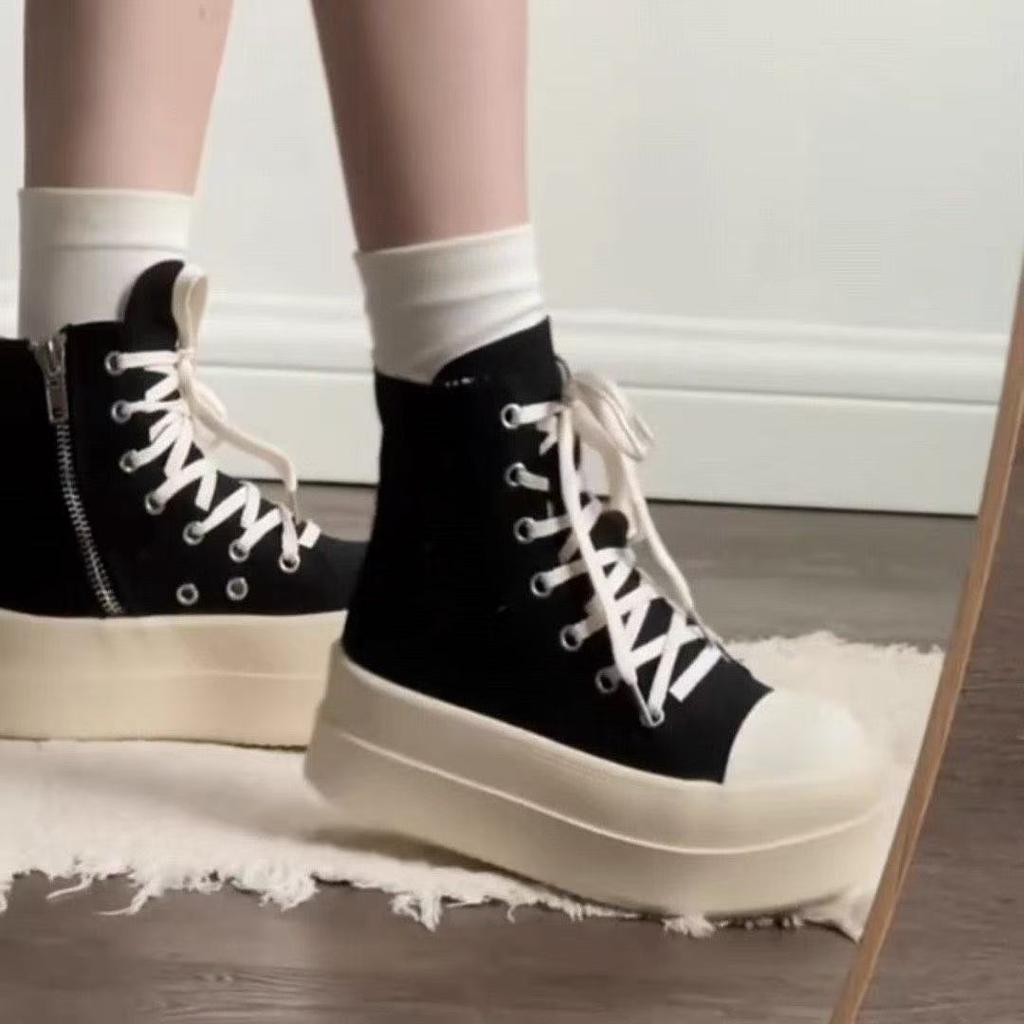 thick-soled high-top canvas shoes with skirts, black short boots, new niche original casual board shoes