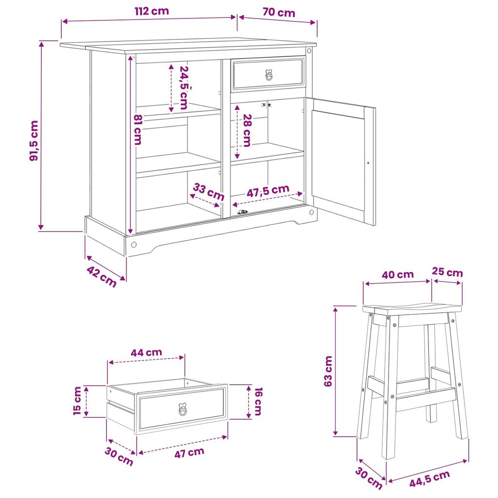 Kitchen Island Set with Door 3 pcs White and Honey Wax Solid Pine