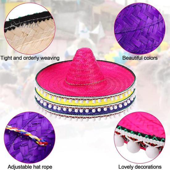 Zonnehoed Mexicaanse Sombrero met Kleurrijke Pompons, Hawaiiaanse Stijl Geweven Strohoed, Brede Rand Lichtgewicht Alle Seizoenen Feestkostuum voor de Zomer