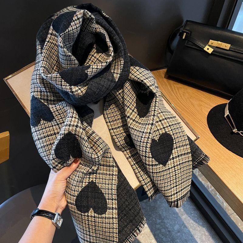New Autumn and Winter Double Sided Big Love Plaid Small Fragrant Scarf Style Versatile Shawl Korean Style Warm Scarf