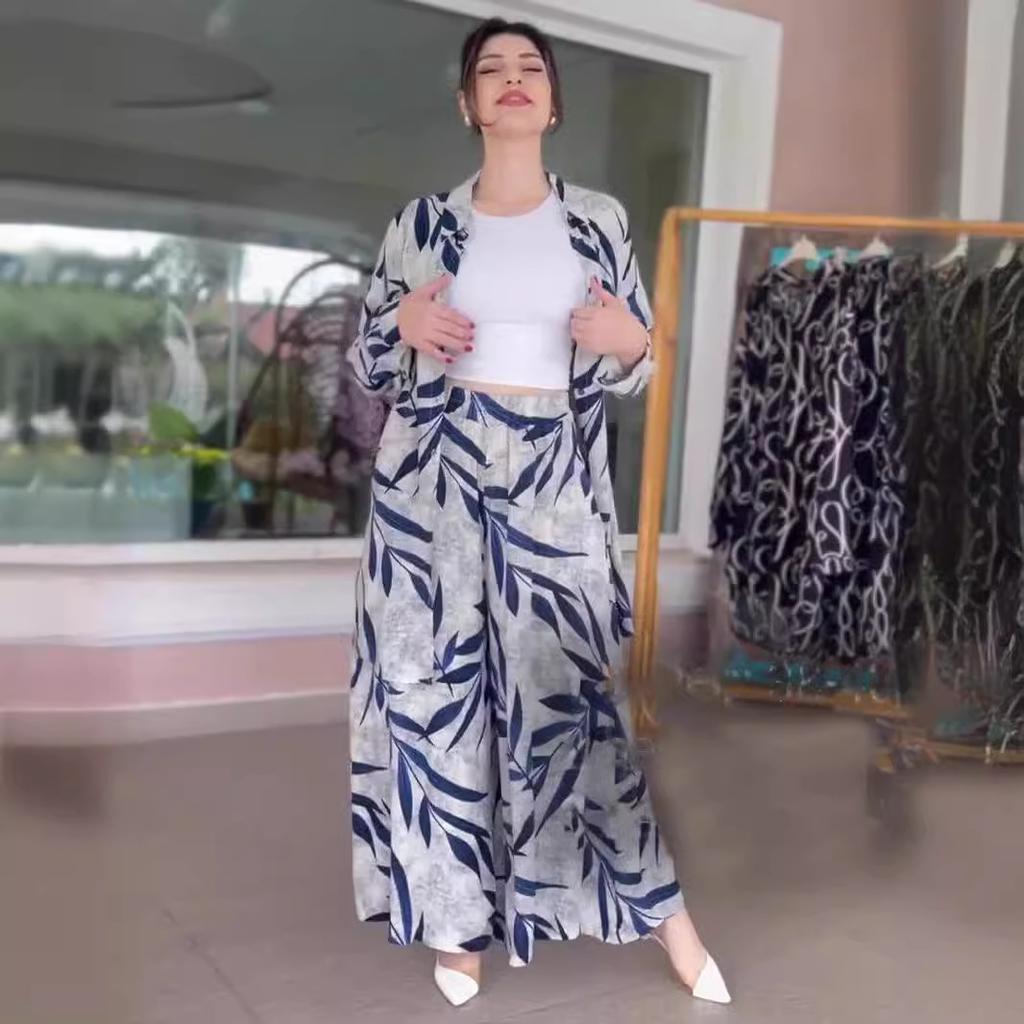 2026 Amazon Europe and the United States summer new fashion printed cardigan wide-leg pants trousers set cross-border hot-selling fashion