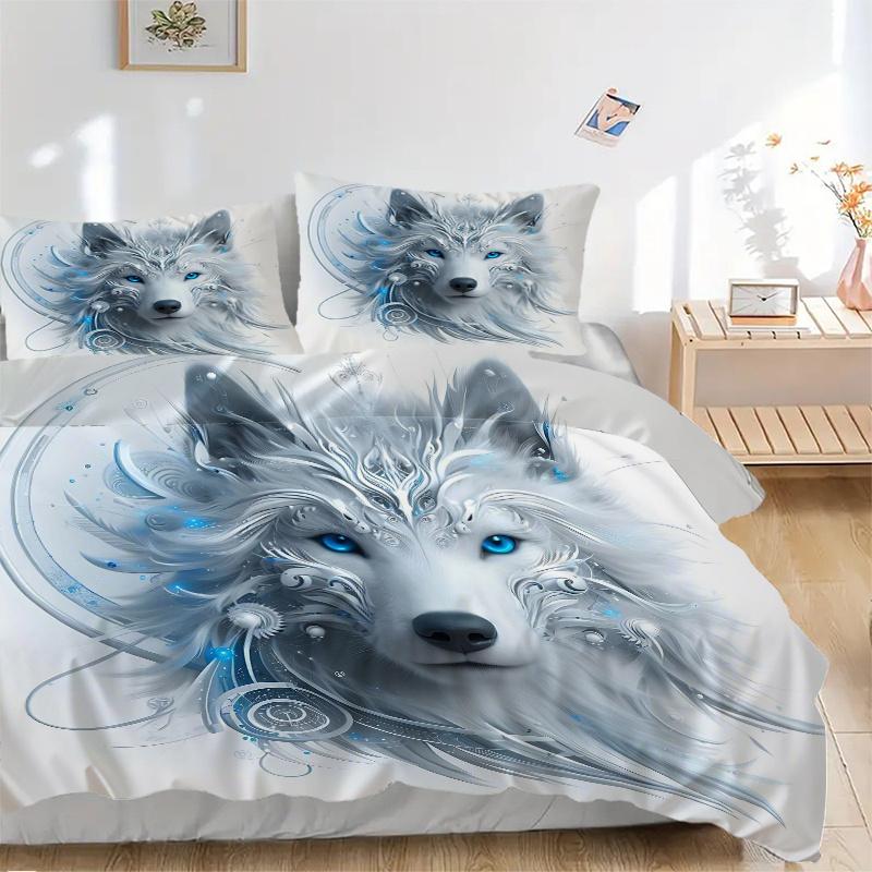 3pcs Enchanted Moonlit Wolf Design Print Bedding Set (1 Cover + 2 Pillowcases, Without Inserts), This Printed Bedding Set Is Soft and Comfortable