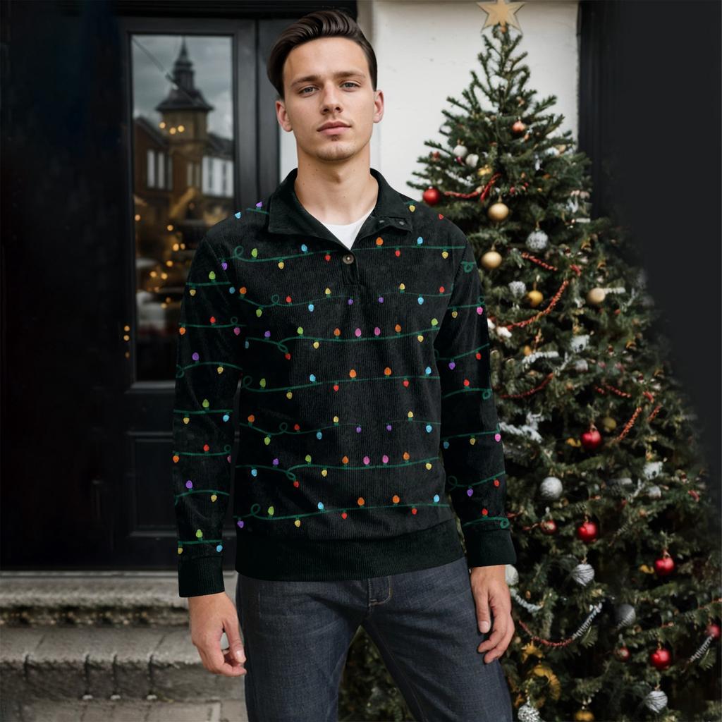 Men's Christmas Cotton Pullover Long Sleeve Outdoor Shirt Vintage Corduroy Button Stand Collar Shirt Casual Sweatshirt Christmas Print Top