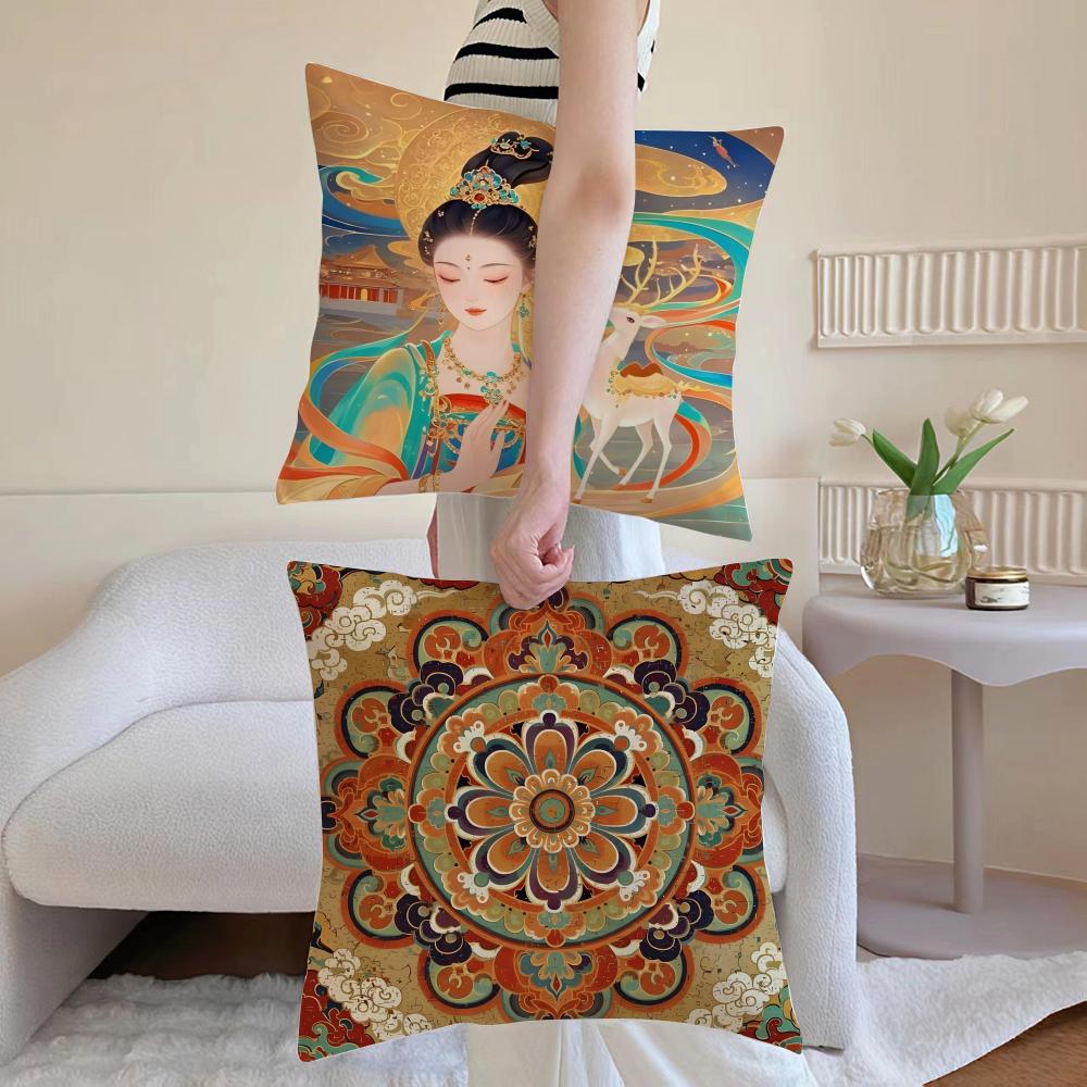 Retro Artist Chinese Dunhuang Art Cushion Cover Washable Linen Pillowcase Soft for Daily Sofa Bed Home Room Decor