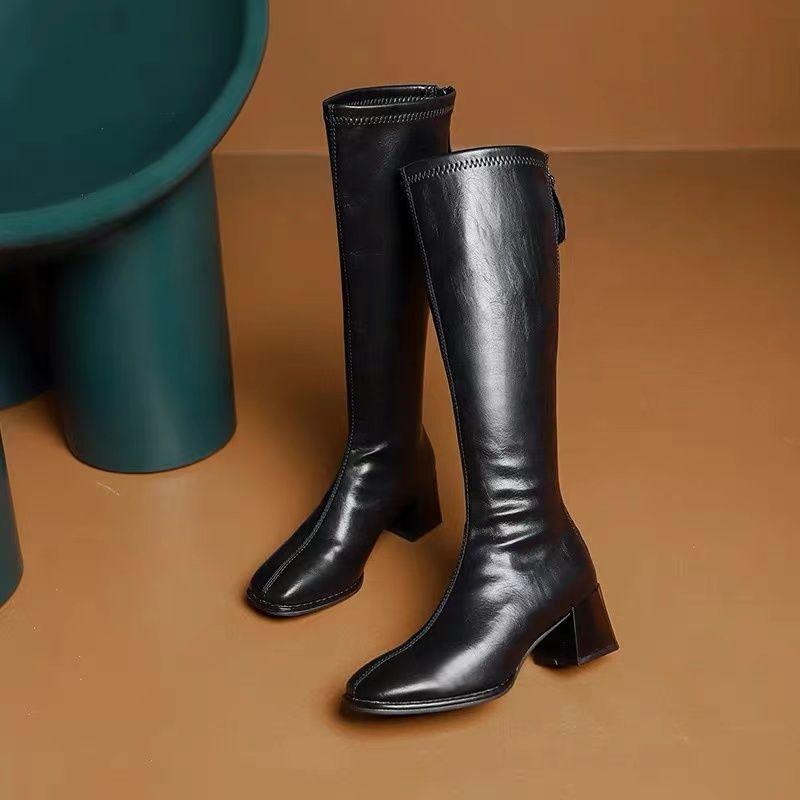 Fashion Spring Autumn Elegant Heeled Square Toe Leather Women's Long Boots Demi-season Gothic Trend 2025 Pu Ladies Knee High Shaft Shoes