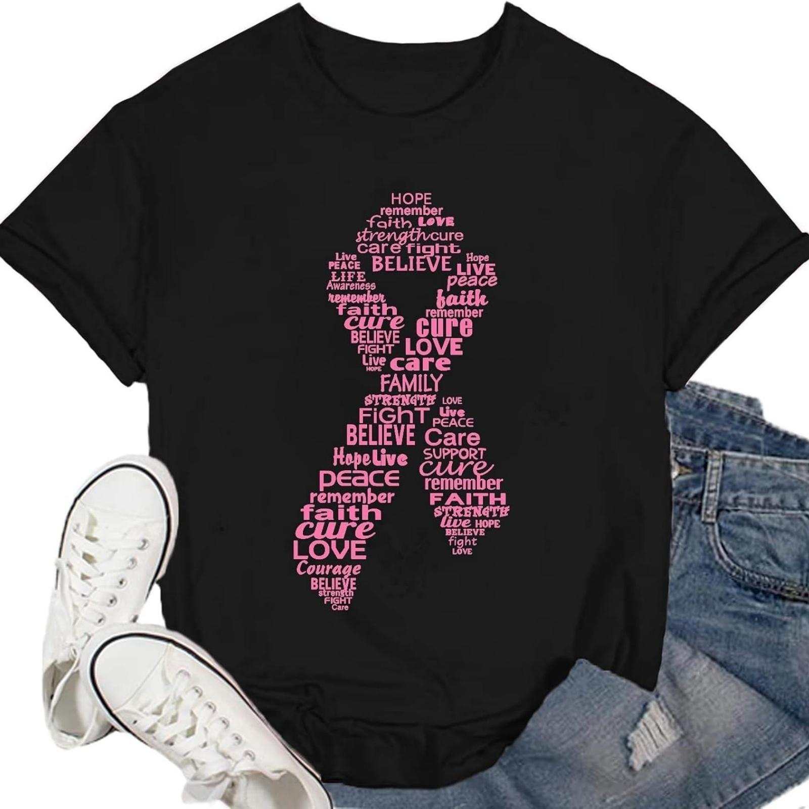 Breast Cancer Shirt for Women Pink Ribbon Tshirt Cancer Awareness Tee Top S