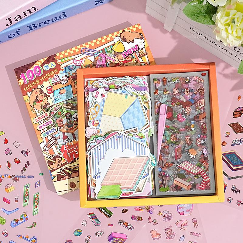 50 in 1 box Miniature scene landscape stickers three-dimensional house stickers toys girls  birthday gifts