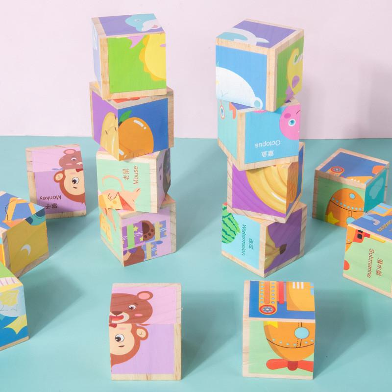 Wooden Sixside Puzzle Building Blocks For Kids With Animal Design Educational Toy