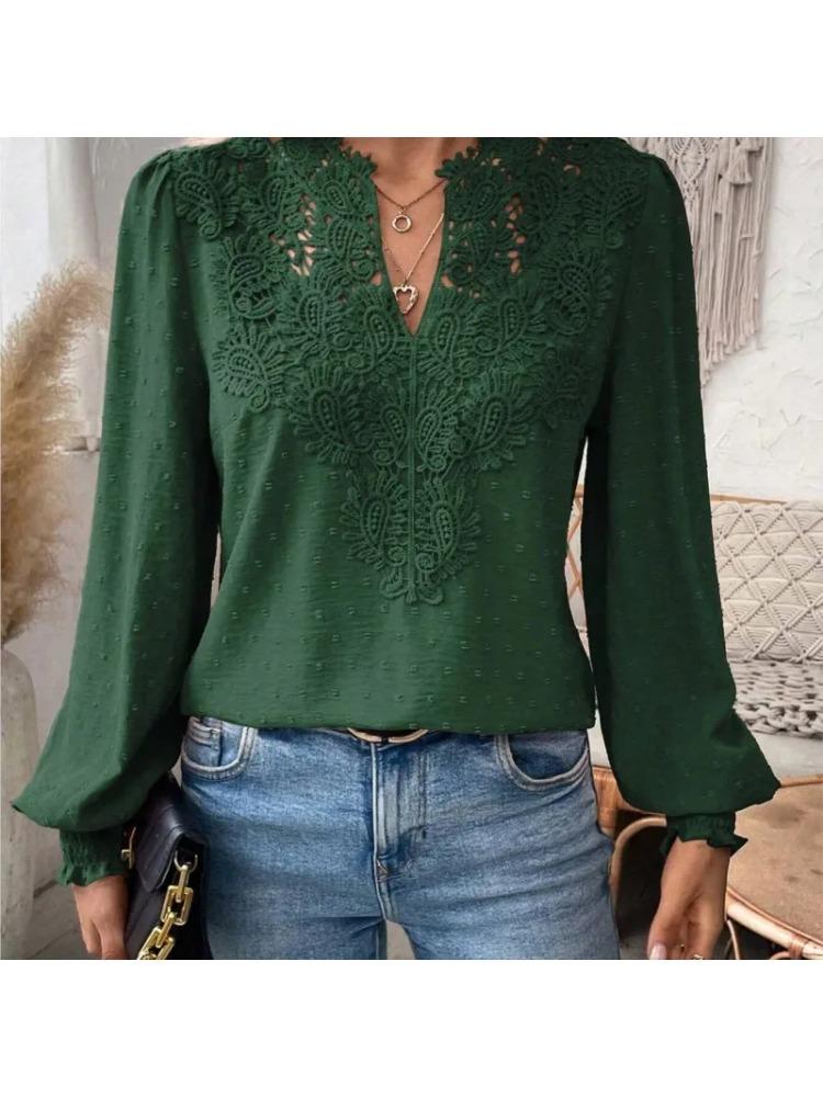 2025 Herbst Damenbekleidung Neues Sexy V-Ausschnitt Modisches Spitzen-Patchwork Einfarbiges Hemd Langarmhemd Damenbekleidung