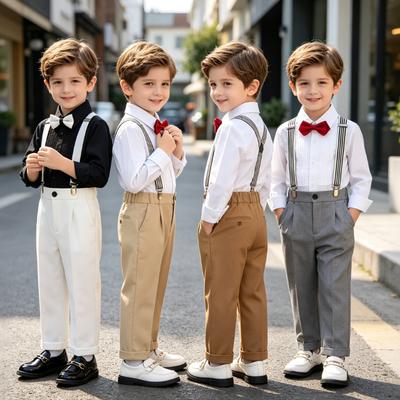 School Boys Suspender Trousers Formal Suit Shirt Bow Tie Kids Wedding Ring Bearer Piano Recital Birthday Photoshoot Gentleman Outfit for Boys 3-12Y