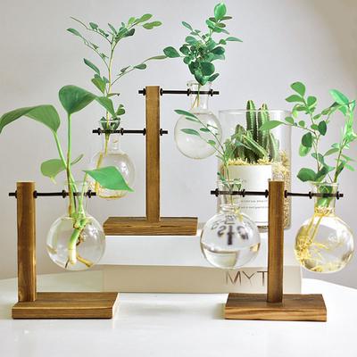 Kreative Glas Desktop Pflanzer Glühbirne Vase Holzständer Hydrokultur Pflanzen Container-Home Tabletop Decor Vase Ständer Dropshipping Heißer