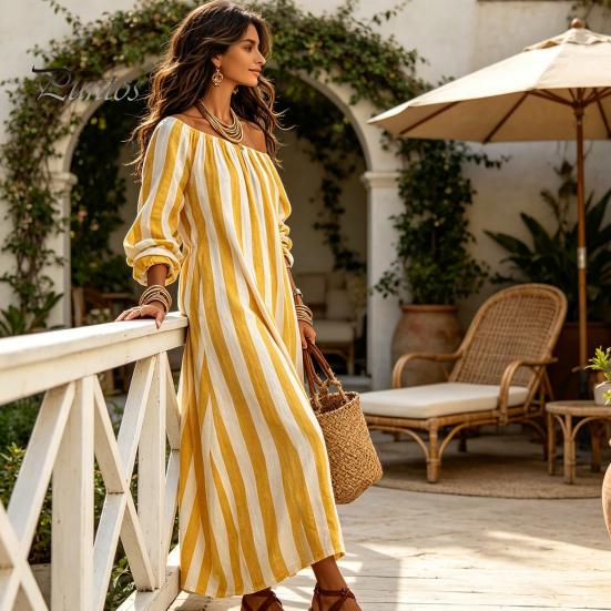 Daily Wear Dress Summer Women Striped Long Dress, Off Shoulder Sleeve Casual Ankle Length Loose Swing with Side Pocket