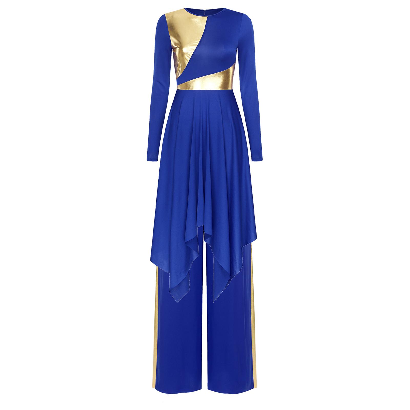 

Womens Liturgical Dance Set Long Sleeve Irregular Hem Metallic Color Block Dress Wide Leg Pants Church Costume S синій