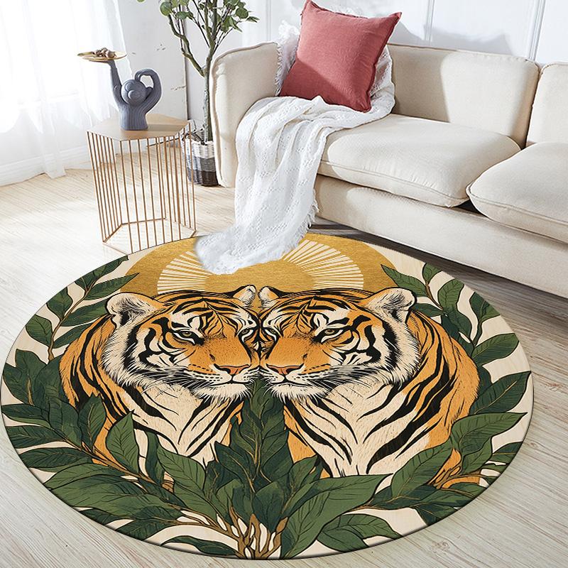 Leaf Tiger,Round Area Rug,Carpet Rug for Living Room Bedroom Sofa Playroom Decor,Non-slip Floor Mat