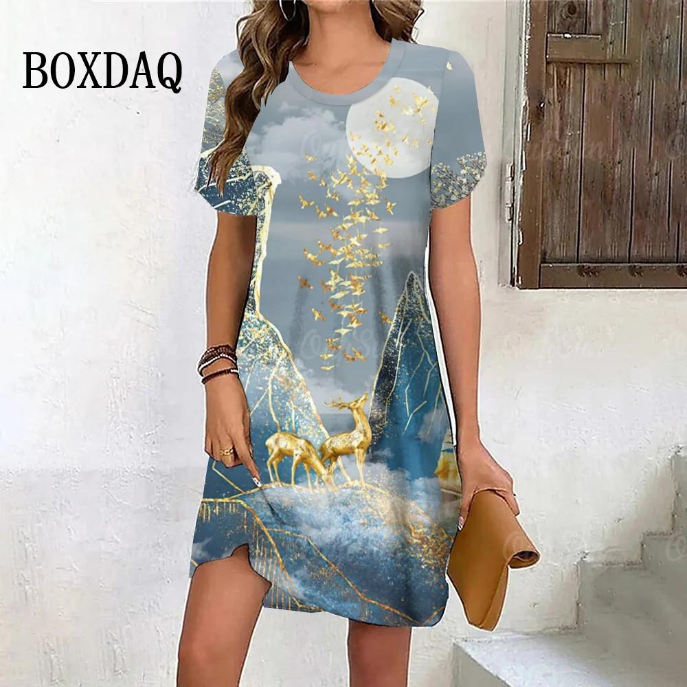 Golden Elk Print Dress Women Cute Christmas Evening Dress New Short Sleeve Sexy Dresses Fashion Party Holiday Woman Clothes