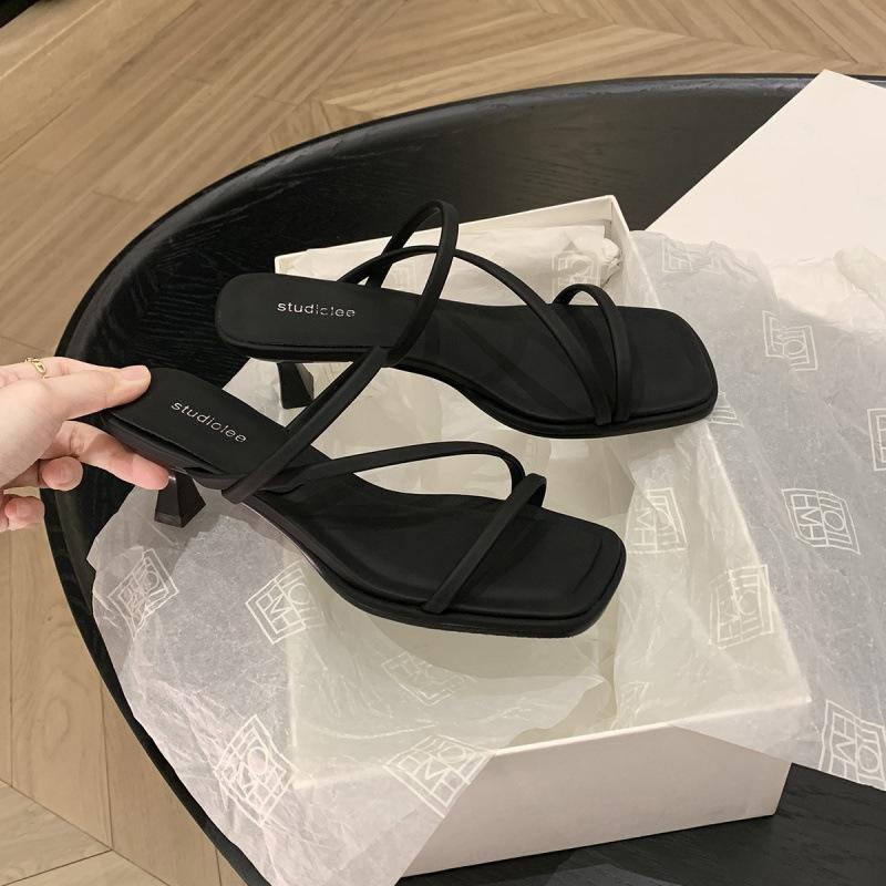 

! Shoes Square Head Thin Belt Square Head Skinny High Heel Cool Slippers Women 34 чёрный