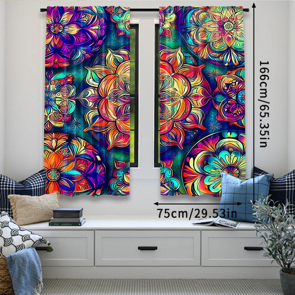 2Pcs Floral Blackout Curtains Bohemian Colorful Theme Privacy Drapes Art Decor Bedroom Apartment Living Room Darkening Window