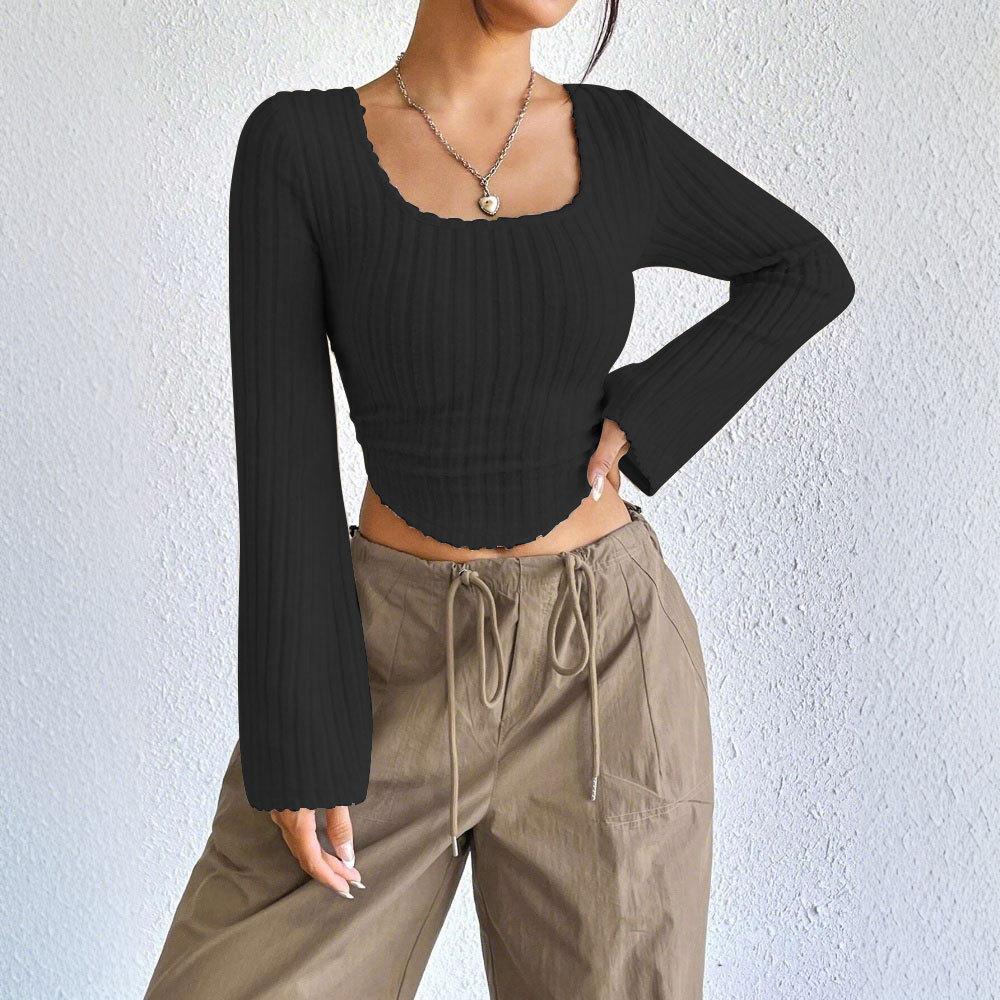 European and American Spring/summer Women's Fashionable Elegant T-shirt, Square Neck Flared Long-sleeve Top
