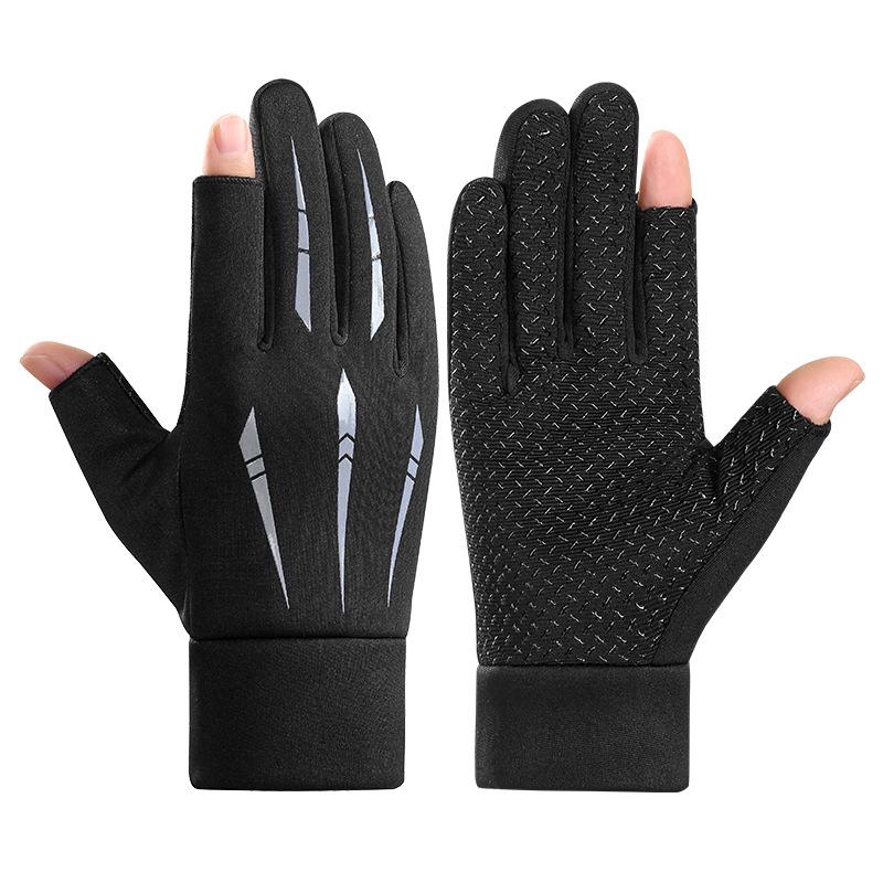 Men's Winter Touchscreen Cycling Gloves - Non-Slip, Velvet-Lined, Two-Finger Design for Driving, Motorcycle Riding, and Fishing.