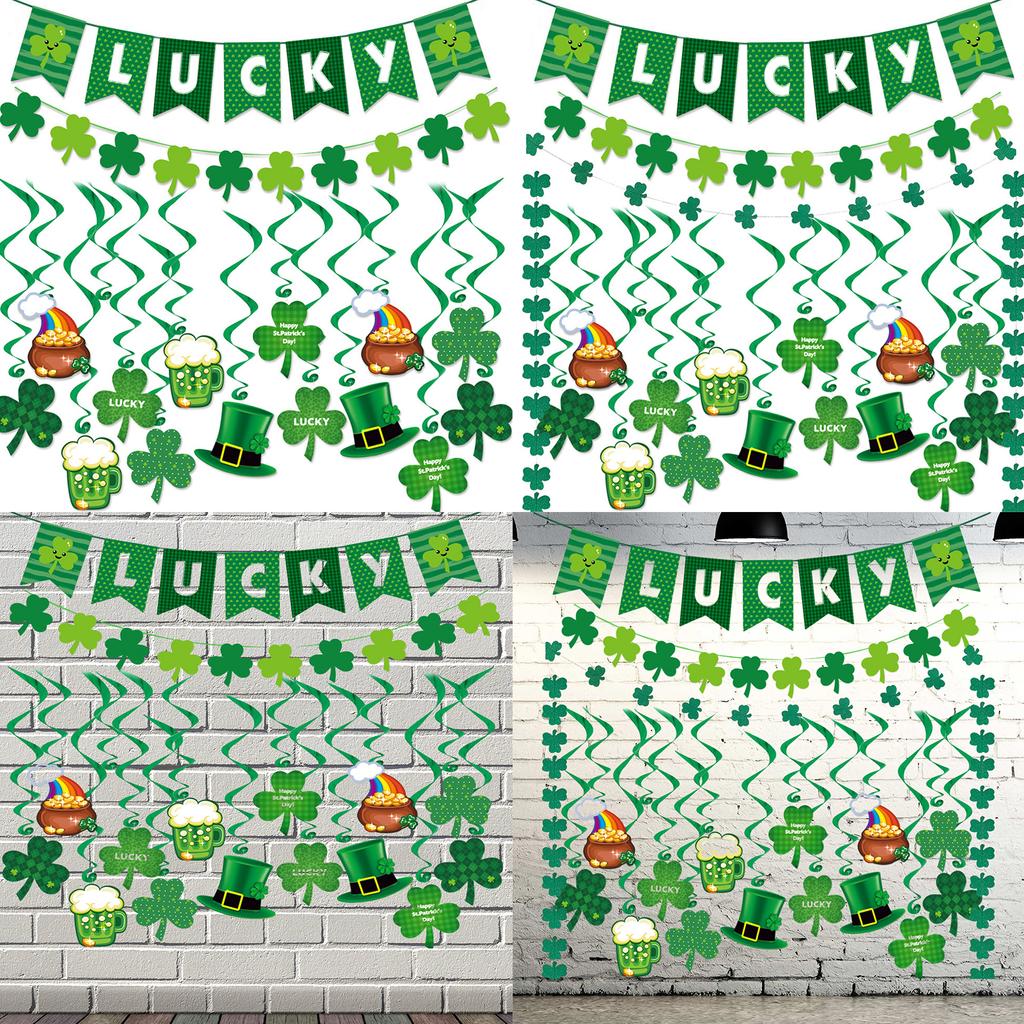 Saint Partick Day Lucky Banner Set Wall Hanging Sign Ceiling Swirls Sign Green Streamers Hanging Ornament Party Supplies