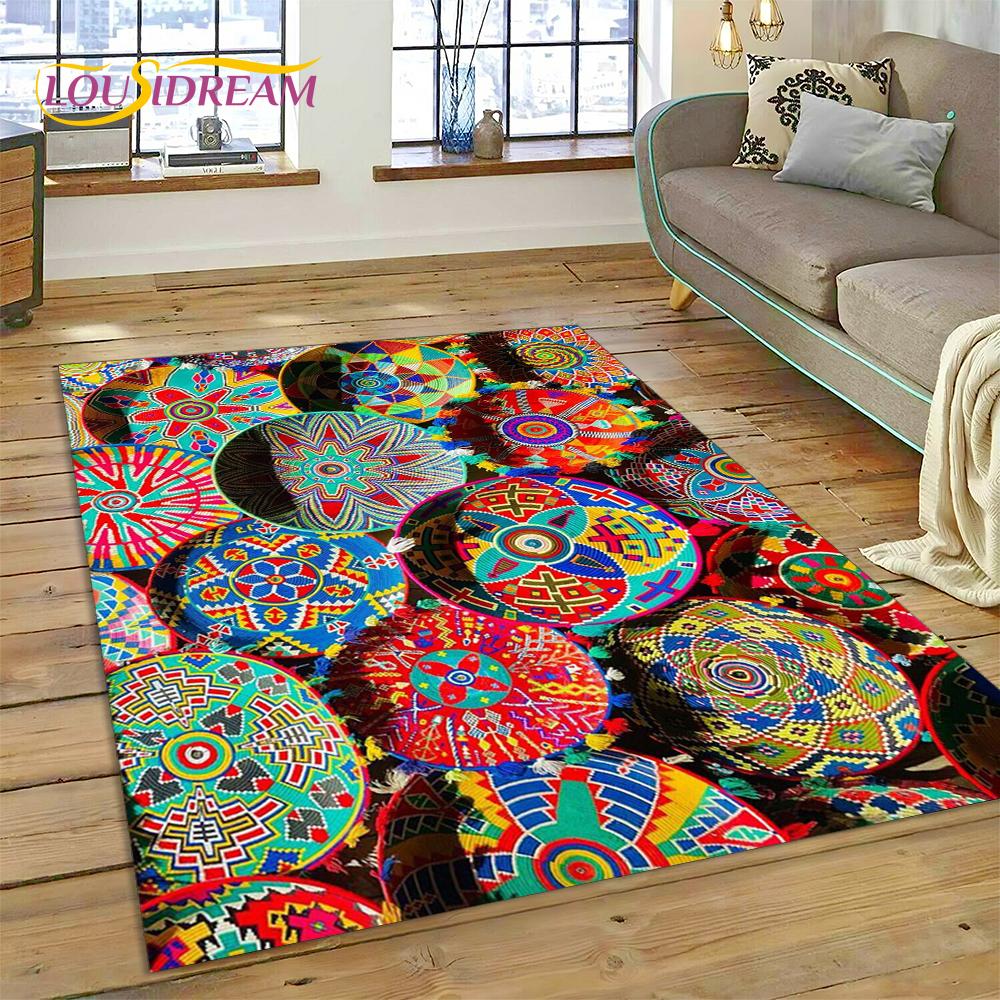 Kosze Tkane 3D Kolorowe Kwiaty Etiopia Mandala Dywanik Dywan do Salonu Sypialni Dekoracja Domu, Antypoślizgowy na Sofę Wycieraczka