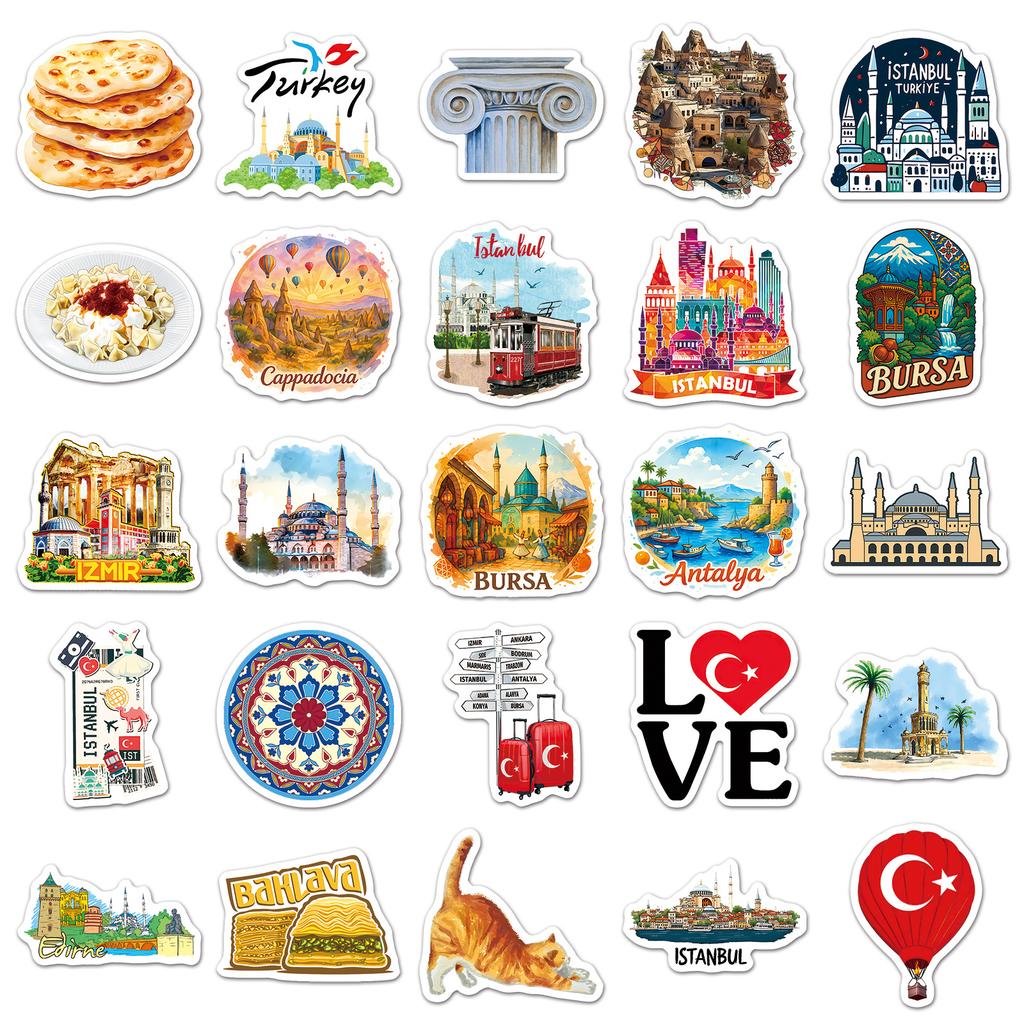 50Pcs Turkish Travel Diary Graffiti Stickers Outdoor Scenery Cartoon Decal Diy Luggage Phone Guitar Scrapbook Waterproof Sticker