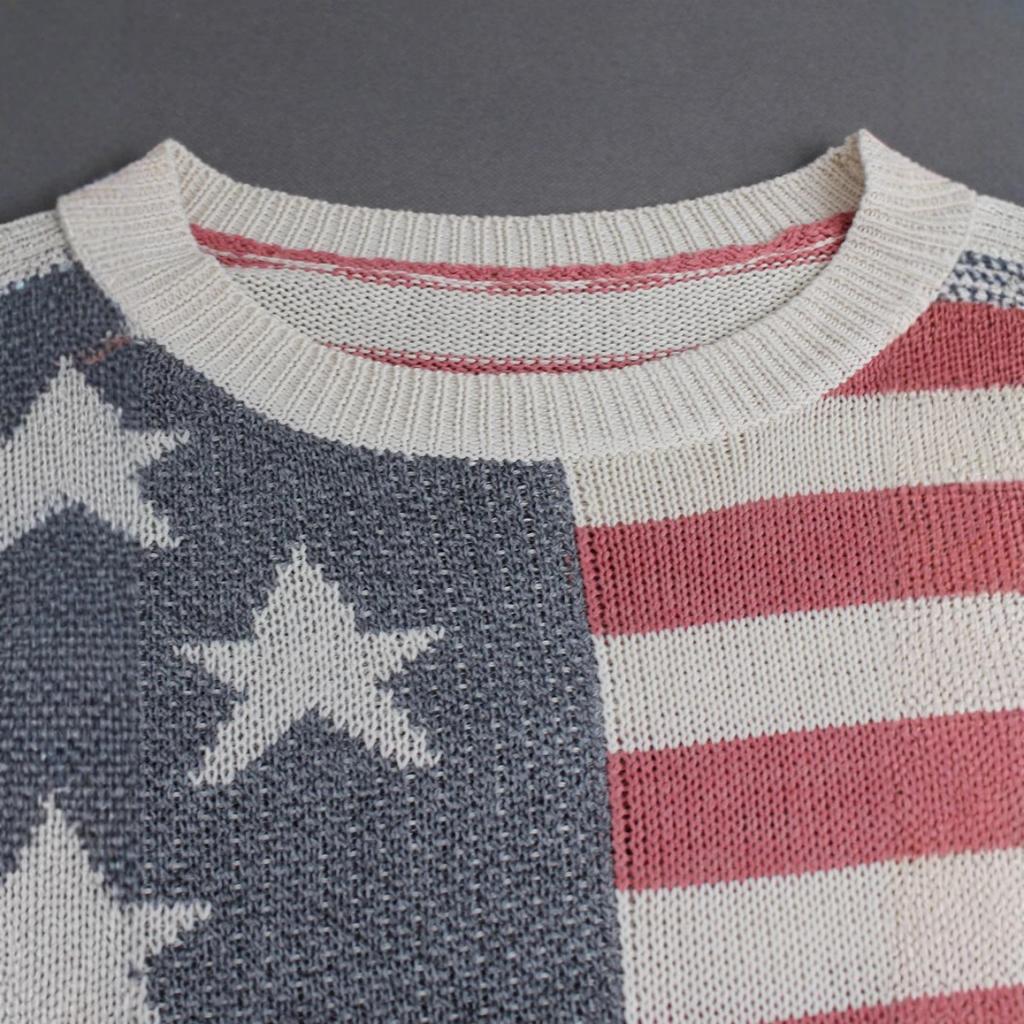 Women's US Flag Print Long Sleeve Knit Sweater Top Spring Summer