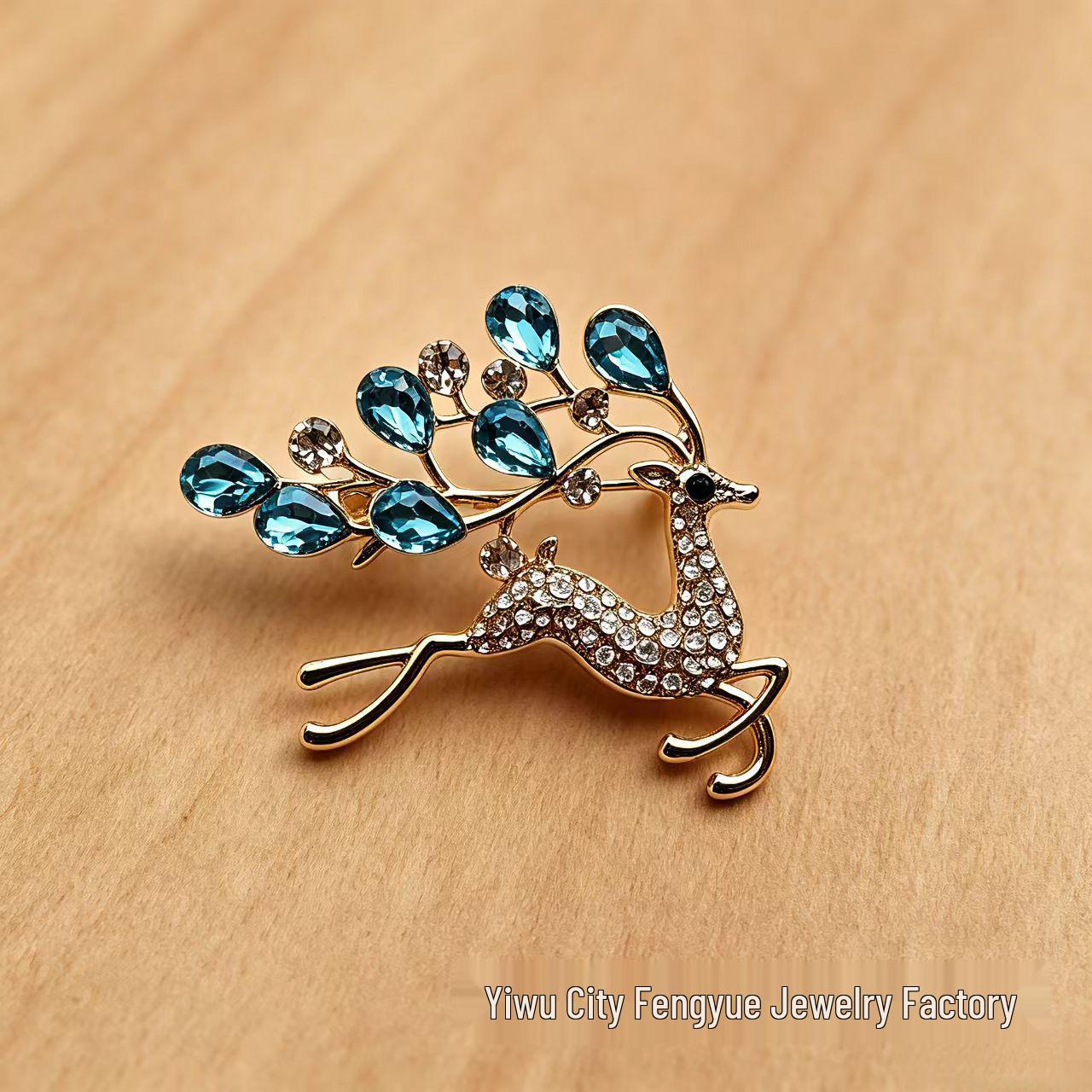 Elegant Women s Blue Crystal Deer Brooch - Rhinestone Pin for Suit Jackets 18K