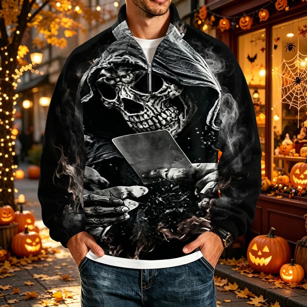 Men's Halloween Print Raglan Sweatshirt Loose Fit Stand Collar Casual Top