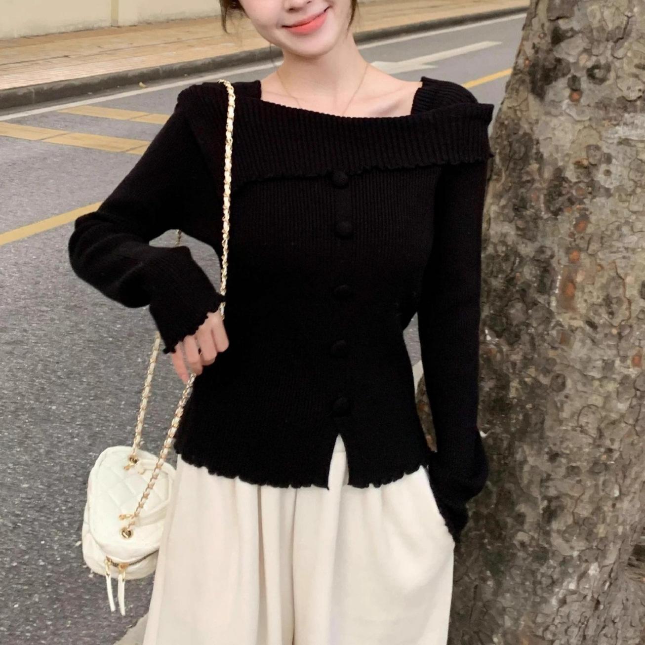

Andy fleece washing water, one-word shoulder fungus edge solid color shirt women s autumn and winter sweet sister with sweater split knitting one size fits all