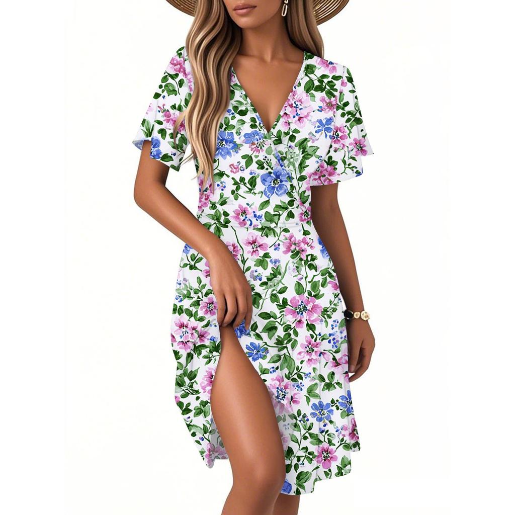 Women's Fashion Short Sleeve Wrap Sundress V-Neck Floral Print Dresses