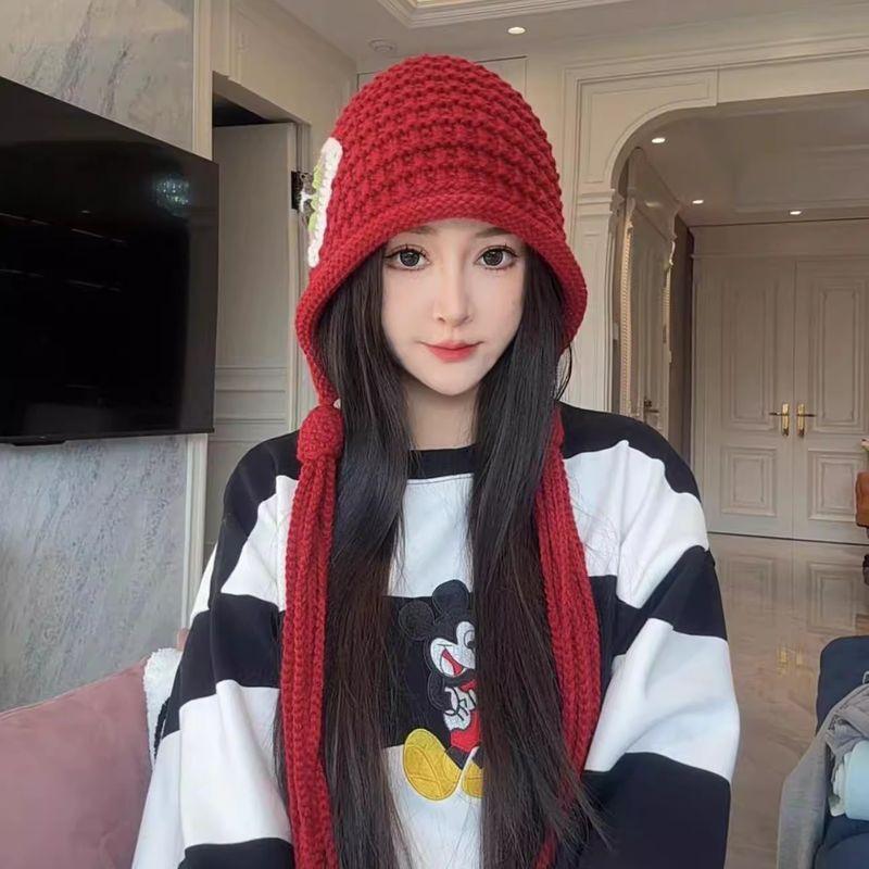 

Autumn and Winter Riding Cold-Proof Heattech Thickened Knitting Woolen Cap Big Head Circumference Makes Face Look Smaller Earflaps Head-Wrapping Hat Red One size