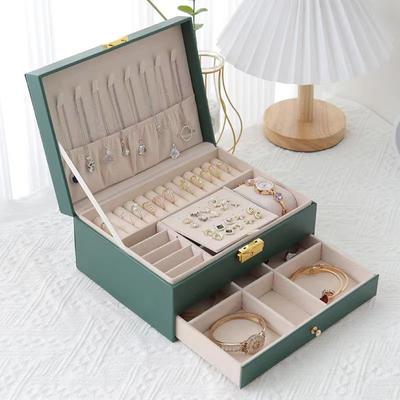 2-Schubladen Schmuckschatulle Große Kapazität Schmuckaufbewahrungsbox mit Schloss Diamantmuster Ring Schmuck Geschenkbox Zubehör Verpackungsbox PU-Leder Material