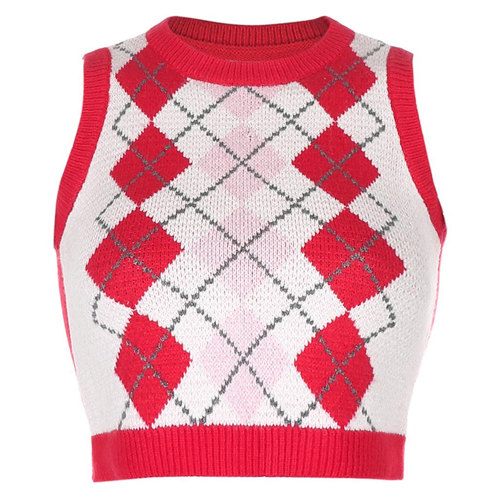 Womens Casual Plaid Knitted Tank Top  Knitwear Preppy Style V-Neck Vest Sweater