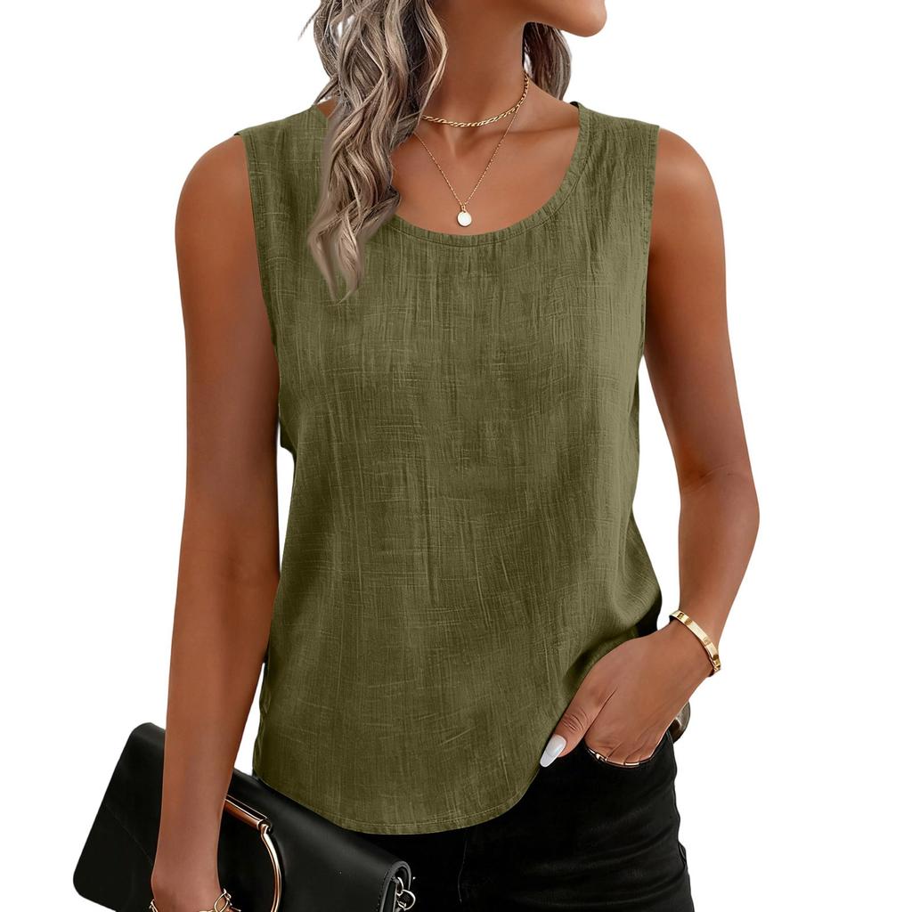 Women’s Textured Cotton Tank Top Crew Neck Sleeveless Relaxed Fit Casual Shirt Lightweight Summer Blouse for Daily Wear Work Travel Layering