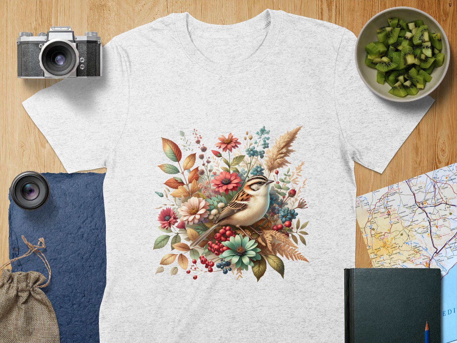 Chipping Sparrow Winter Floral Birds T-Shirt, Bird Lovers Gift, Bird Watcher Tee, Nature Inspired T-Shirt, Colorful Bird Art S