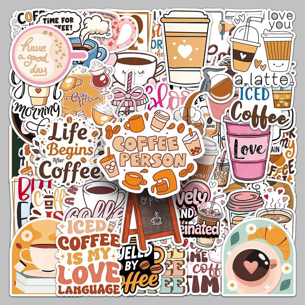 50 Coffee-Themed Doodle Stickers - Korean INS Style, Waterproof, Perfect for DIY Notebooks