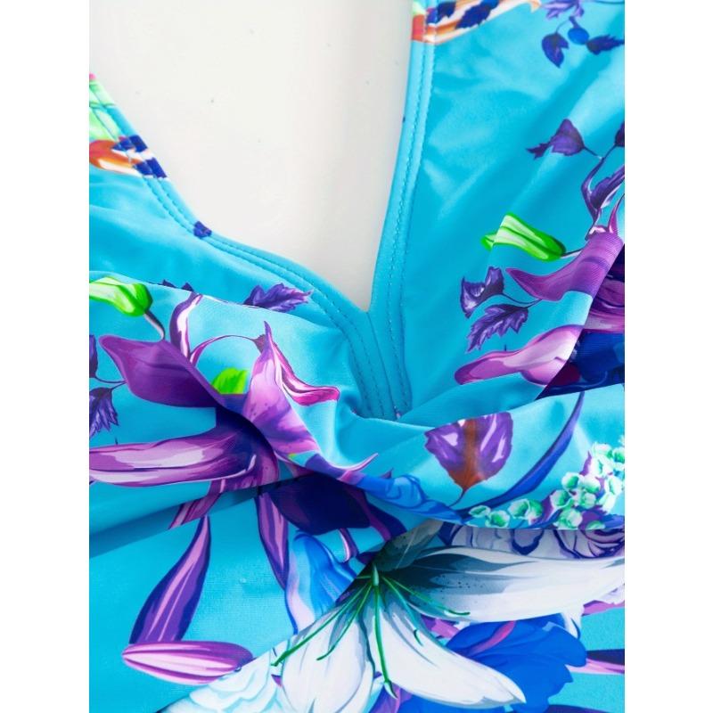 Women's Turquoise Floral Print Tankini Set V Neck Wrap Front Two Piece Modest Swimsuit with Shorts