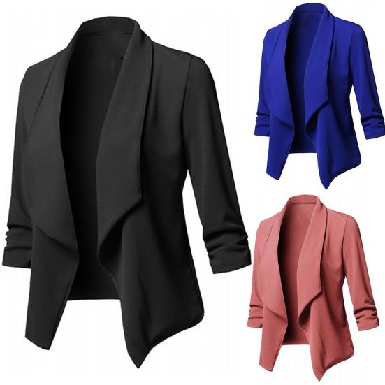 Giacca Blazer da Donna a Manica Lunga Autunnale, Monocolore, con Volant, Vestibilità Aderente?Cappotto
