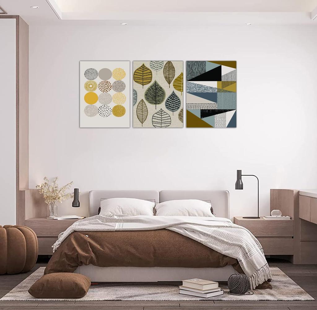 Three Nordic Retro Art Panels with Round Leaf and Geometric Wall Decorative Sofa Background Wall Hangings for Living Porch Fully Framed Patterns, Art,