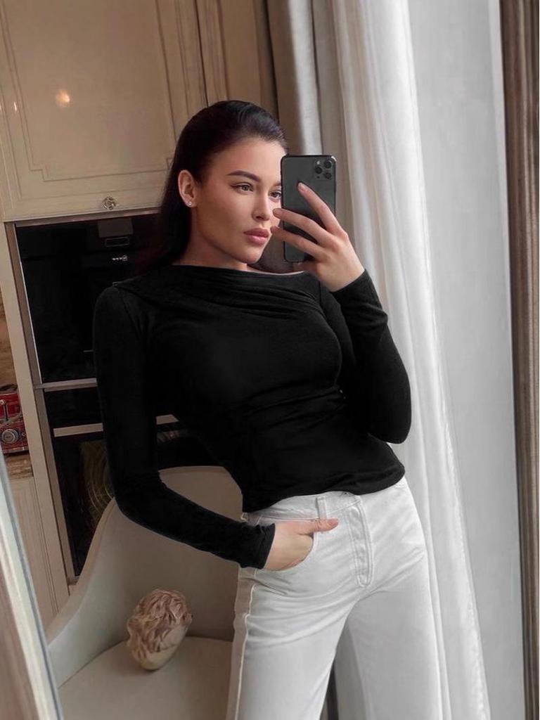 New INS Autumn/Winter Solid Color Asymmetrical Ruched Long Sleeve Slimming T-shirt Base Layer