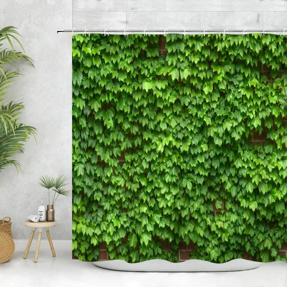 Brick Wall Shower Curtain Vintage Vines Spring Greenery Nature Scenery Leave Farm Flower Polyester Fabric Bathroom Decor Curtain