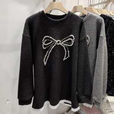 Lace Edge Round Neck Bow Beaded Brushed Women's Top with Inner Layer for Winter New Style