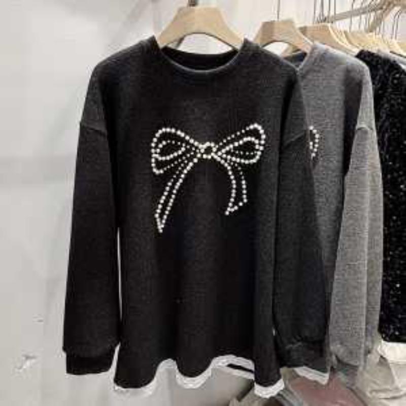 

Кружевной край, круглый вырез, бант, бисер, начес, женский топ с внутренним слоем для зимы, новый стиль M чёрный