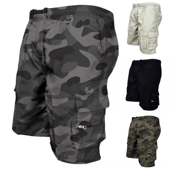 Men Cargo Shorts Drawstring Elastic Waist Multi Zipper Pockets Solid Color Loose Soft Breathable Camouflage Print Knee Length Daily Sports Shorts