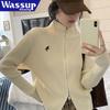 WASSUP AMAZING Women's Embroidered Ribbed Stand Collar Zipper Cardigan