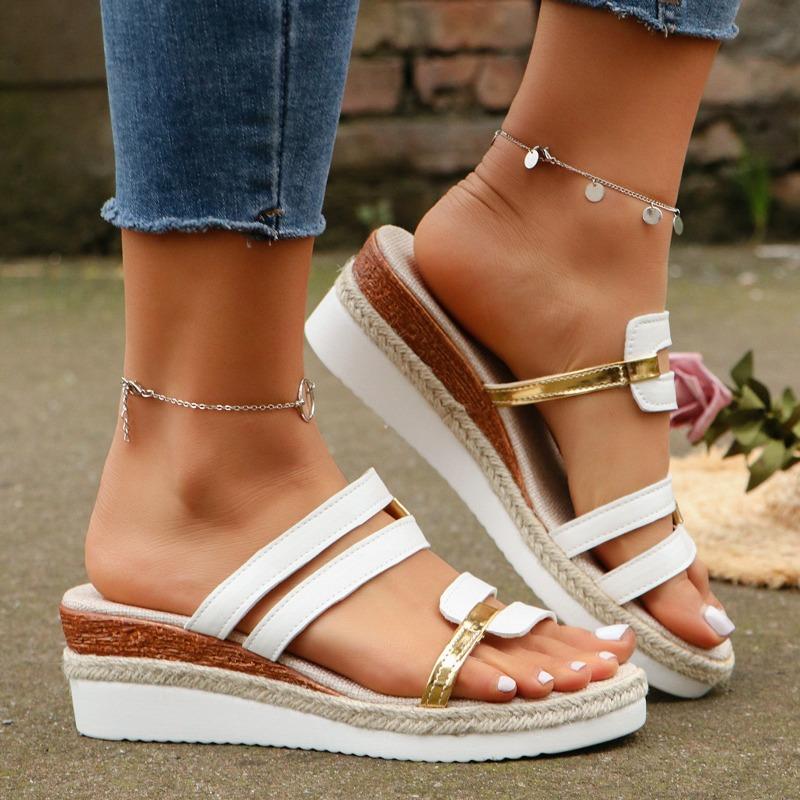 Large size slope heel cool slippers summer versatile fashion thick bottom muffin bottom one-word women's slippers