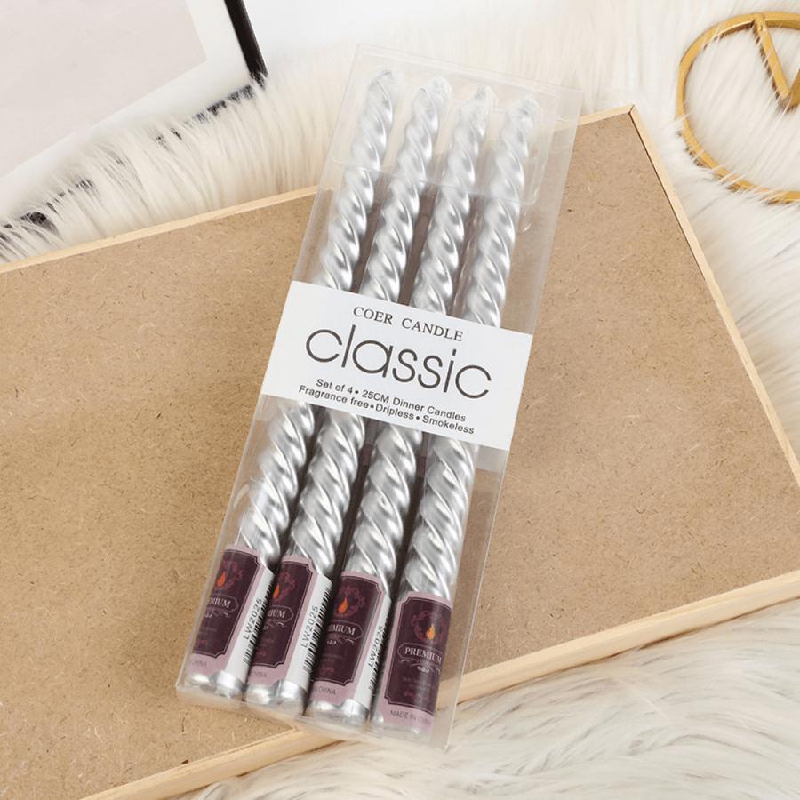 4 шт./коробка конусных свечей 9,85 дюймов классические бездымные конусные свечи романтические элегантные гальванизированные цветные резьбовые длинные свечи